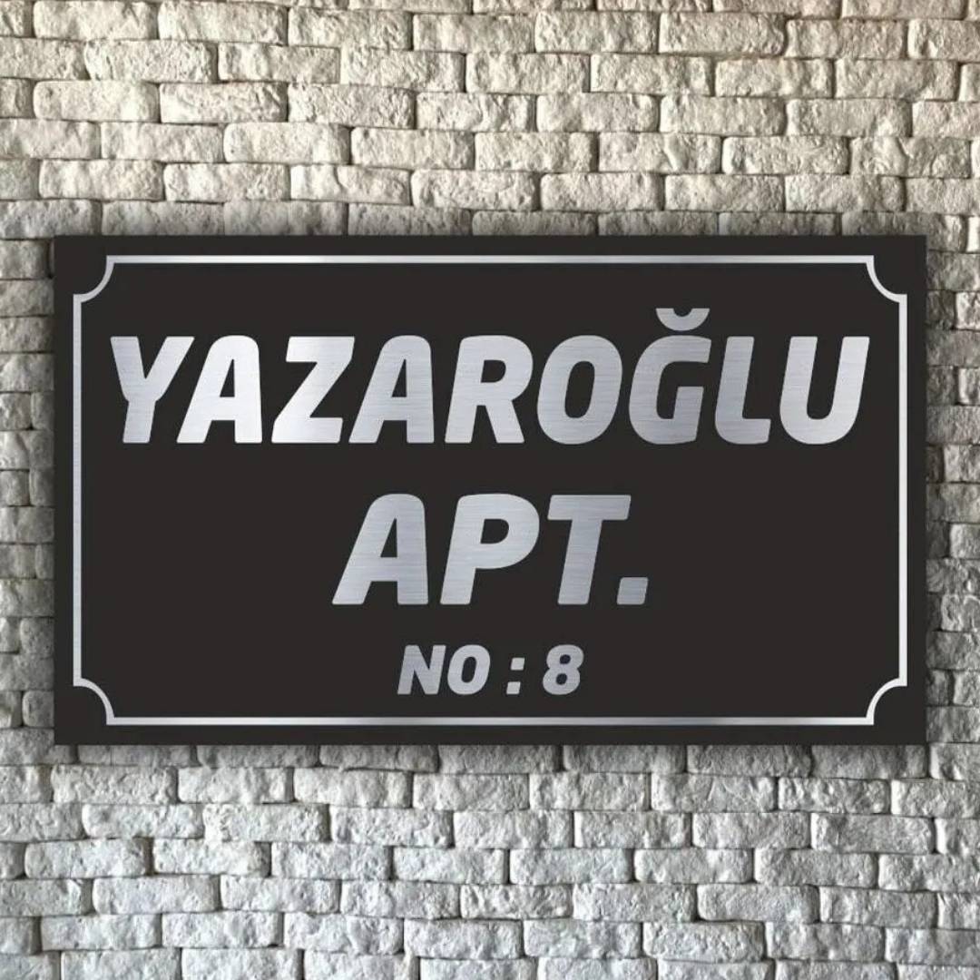 Apartman İsimlik Siyah Zemin Gümüş Varak Apartman Tabelası