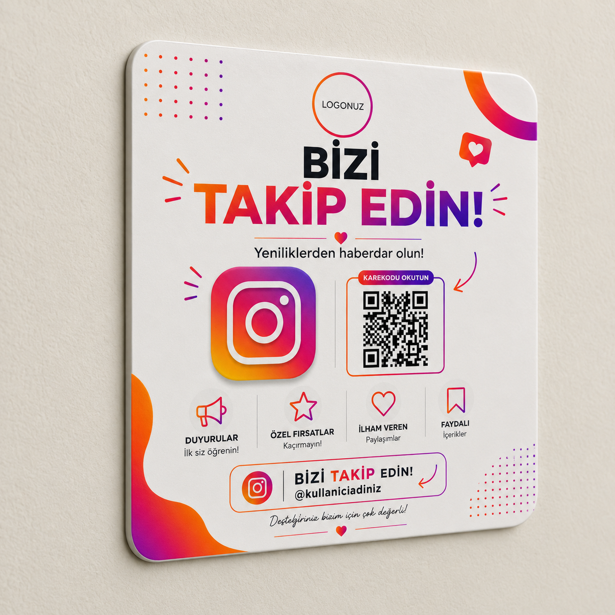 QR Kodlu Instagram Takip Panosu Dekota Baskı | Modern Duvar Etiketi